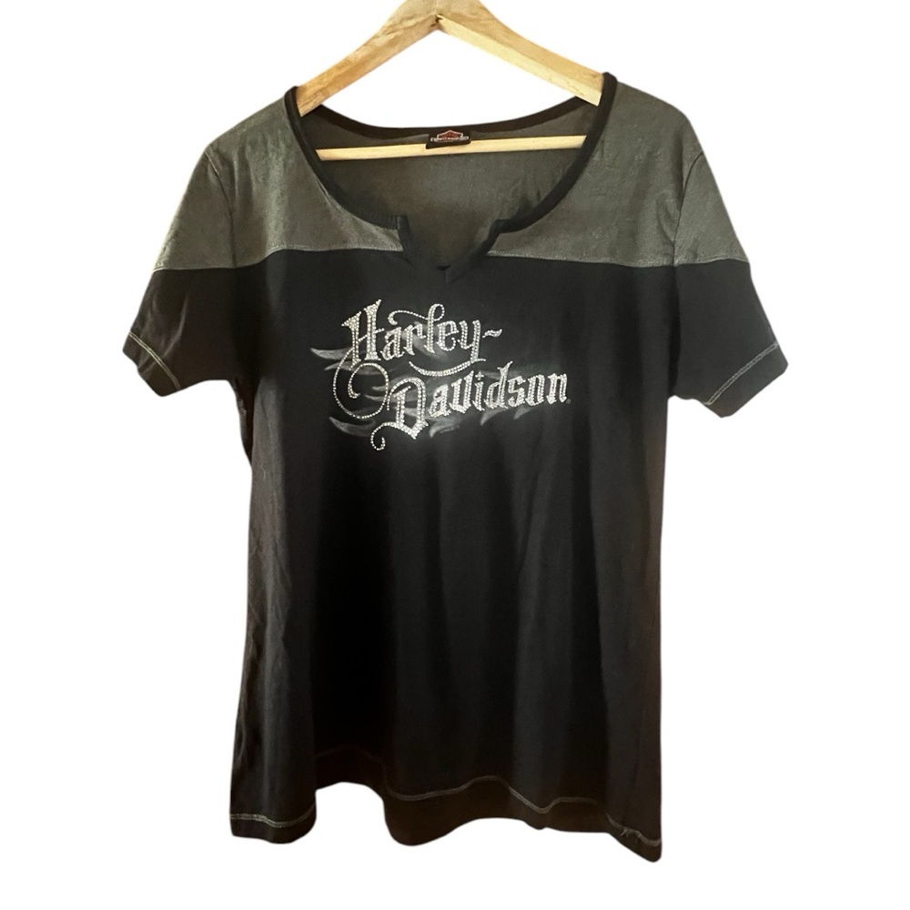 Harley-Davidson Rhinestone Graphic Gray and Black Short Sleeve Tee